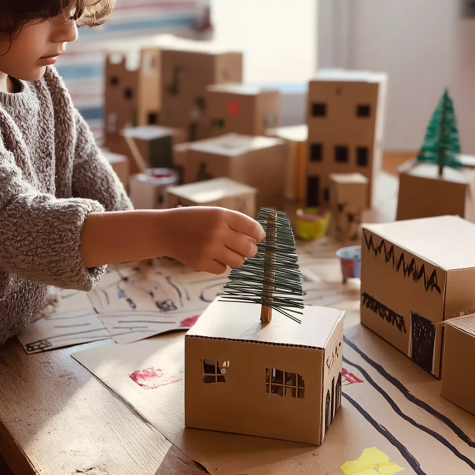 Student building a miniature cardboard city at Newburgh Creates
