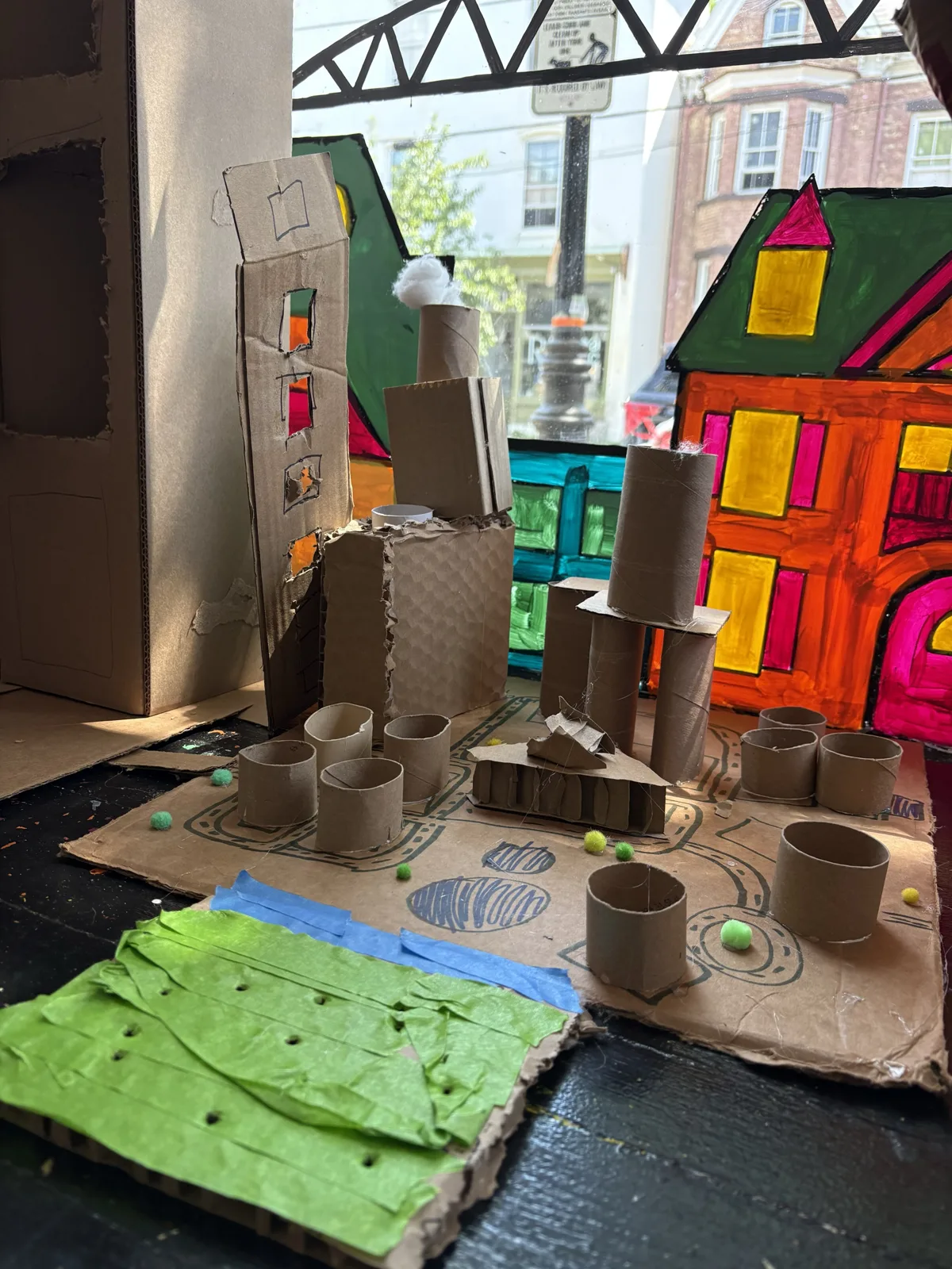 A finished cardboard city built by students