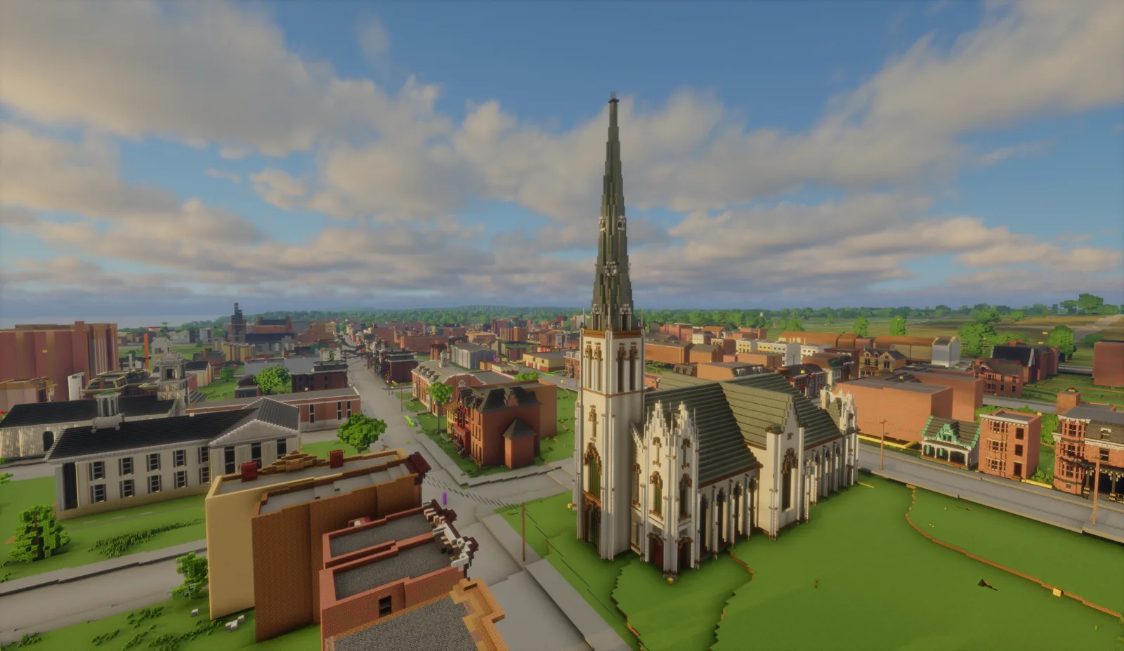 An aerial view of old Newburgh rebuilt in Minecraft, with a church spire rising over the rooftops