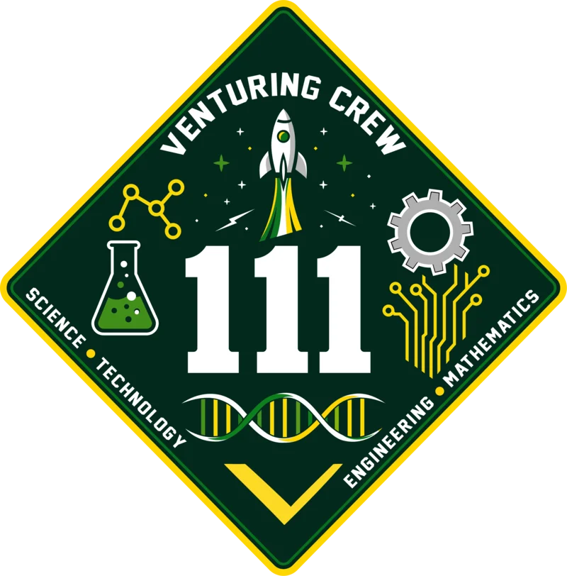 STEM Venturing Crew 111 patch: a green and gold diamond with a rocket, flask, gear, circuit traces, and DNA strand around the number 111