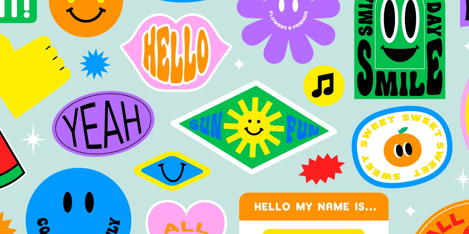 Colorful cartoon stickers with smiley faces and fun words