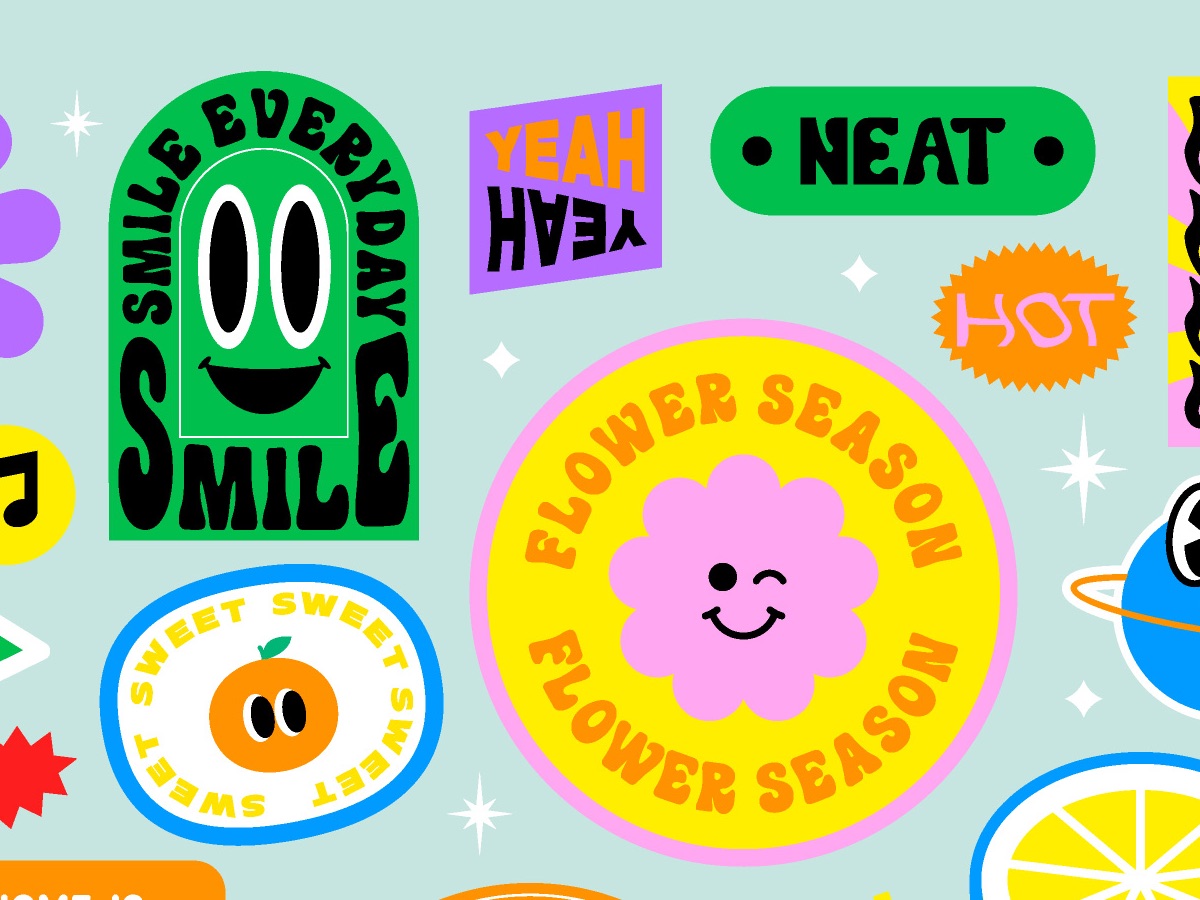 Smiley face stickers, including a winking flower and a green SMILE badge