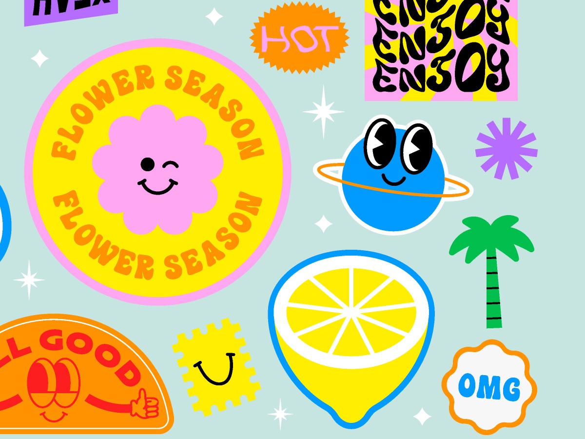 Stickers of a lemon, a palm tree, and a smiling planet