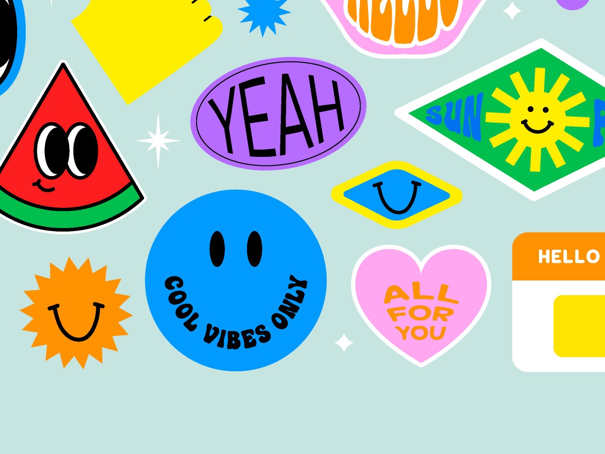 A blue COOL VIBES ONLY smiley sticker with a heart and a sun